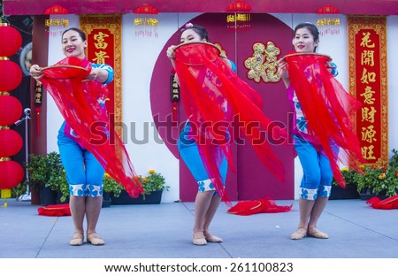LAS VEGAS - FEB 21 : Chinese folk dancers perform at the Chinese New Year celebrations held in Las Vegas , Nevada on February 21 2015