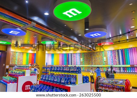 LAS VEGAS - FEB 18 : The M&M world store in Las Vegas strip on February 18 , 2015. The store opened in 1997 and it is the first M&M world location.