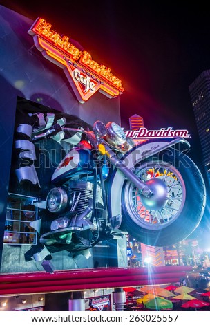 LAS VEGAS - FEB 18: The Harley Davidson Cafe in Las Vegas strip on February 18 2015. In the facade there is a 7.1:1 scale replica Sportster weighing 1,200 lbs and measuring 32 feet.