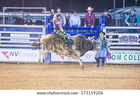 LOGANDALE , NEVADA - APRIL 10 : Cowboy Participating in a Bull riding Competition at the Clark County Fair and Rodeo a Professional Rodeo held in Logandale Nevada , USA on April 10 2015