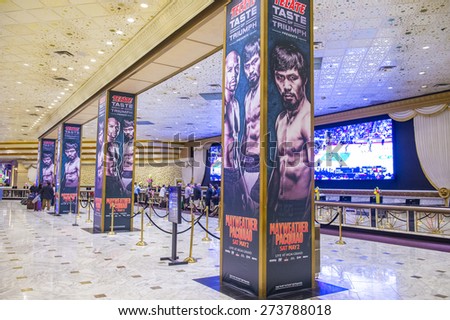 LAS VEGAS - APR 28 : Posters at the MGM Grand hotel lobby advertises about the Floyd Mayweather and Manny Pacquiao fight on April 28 2015 in Las Vegas , the fight scheduled to May 2 2015