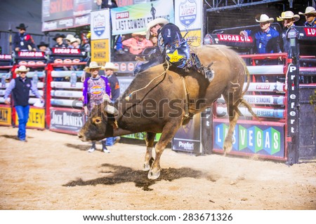 LAS VEGAS - MAY 23 : Cowboy Participating in a Bull riding Competition at the Las Cowboy Standing , a cometition with the fifty of the top bull riders in the world held in Las Vegas on May 23 , 2015