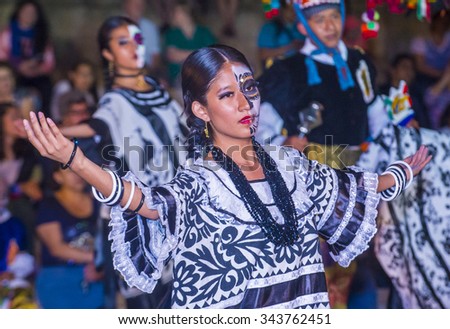 OAXACA , MEXICO - NOV 02 : Unidentified participants on a carnival of the Day of the Dead in Oaxaca, Mexico on November 02 2015. The Day of the Dead is one of the most popular holidays in Mexico