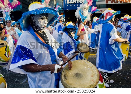 MONTEVIDEO - FEB 1: Candombe drummers perform in the annual Carnaval on February 1, 2009 in Montevideo. Candombe is a musical style of Uruguay. It originated among the African population in Montevideo.