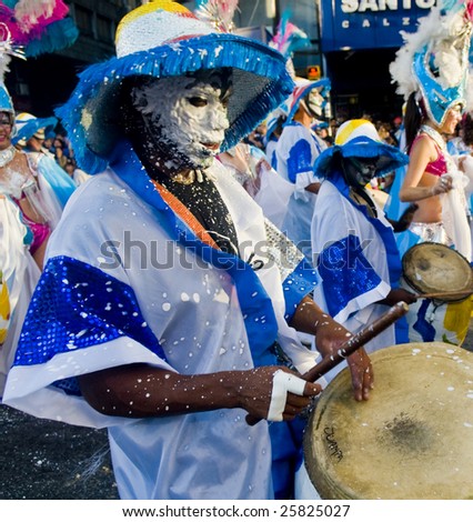 MONTEVIDEO - FEB 1: Candombe drummers perform in the annual Carnaval on February 1, 2009 in Montevideo. Candombe is a musical style of Uruguay. It originated among the African population in Montevideo.