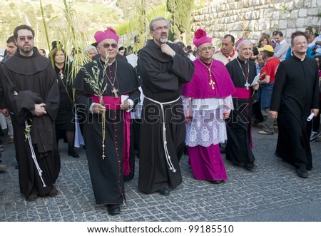 JERUSALEM - APRIL 01 : The Latin Patriarch of Jerusalem Fouad Twal take part in the Palm sunday procession in Jerusalem on April 01 2012
