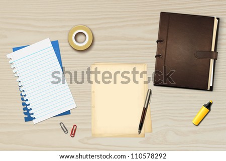Book, office papers and pen