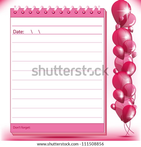 Lined block notes page in pink shades with balloons