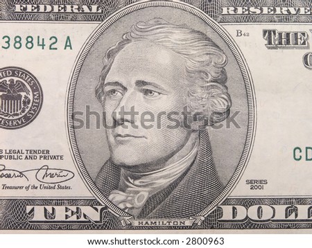 Ten Dollar Bill Hamilton close up