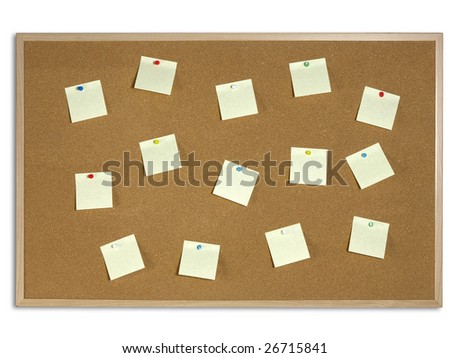 Yellow Post It Notes color tacks on Cork Board