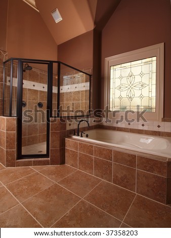 Tiles Bathroom on Luxury Home Tile Bathroom With Stained Glass Window And Tub   Stock