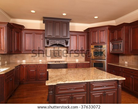 Luxury Home Kitchen front with center island and cabinets