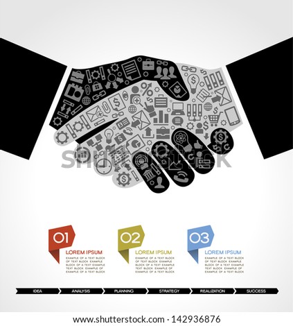 concept in modern business agreement. Businessman handshake with business small icons. Business info-graphics