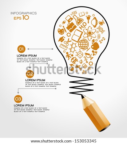 Creative Splash Pencil And Bulb With School Icons Set Illustration. Concept Learning. The Study Of Science. His Work - Eps10 Vector File, Contain Transparent Elements And Mesh Gradients
