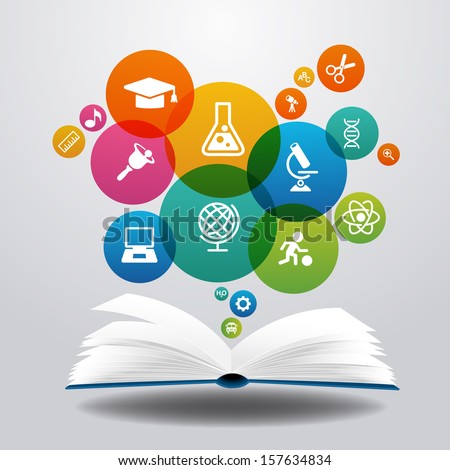 Open Books And Icons Of Science. The Concept Of Modern Education, File Is Saved In Ai10 Eps Version. This Illustration Contains A Transparency