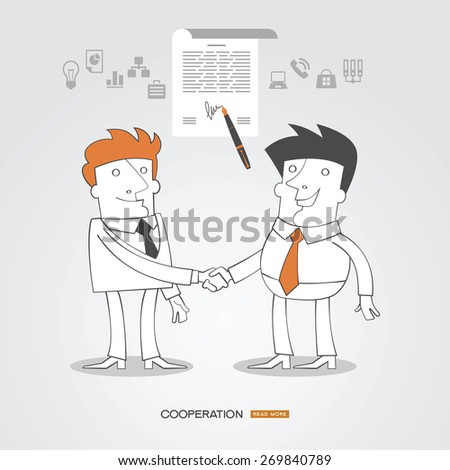 Infographics business background. C?oncept sign contract handshaking. Business people  surrounded by business icons.