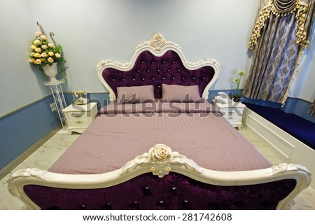 KACHANABURI, THAILAND - 09 MAY 2015- Editorial: Fantastic bedroom interior with purple bed at Cinque terre Hotel