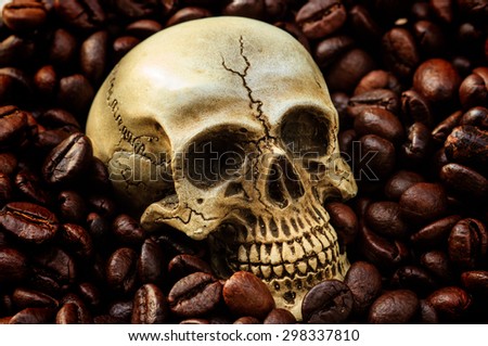 close up Human Skull with coffee beans