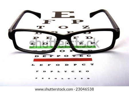 An eye chart with a black frame eyeglasses.