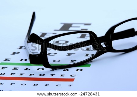An eye chart with a black frame eyeglasses.