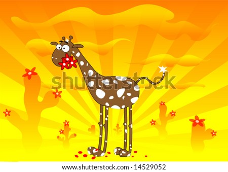 cartoon sunset background. cartoon giraffe in sunset