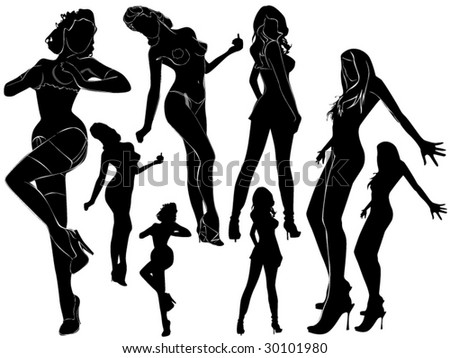 stock vector A lot of vector black erotic silhouettes of beautiful woman 