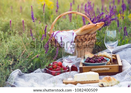 Summer - picnic in the meadow provence. Cheese brie, baguette, strawberry, cherry, wine, croissants and basket