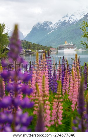 mountain landscape with cruise ship and pink lupine, norway
