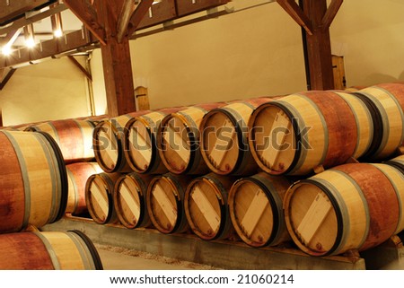 group of oak barrels with the wine at the cellar