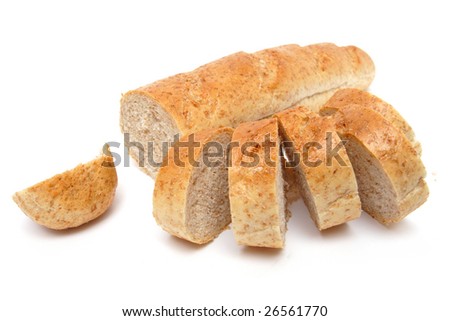 cutted long loaf with bran on the white background
