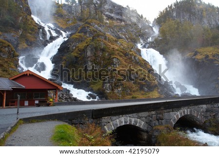 world famous waterfall Lotefossen, Norway. Overcast autumn day