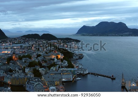 view  from the mountain Aksla at the city of Alesund , Norway. White night time  shoot