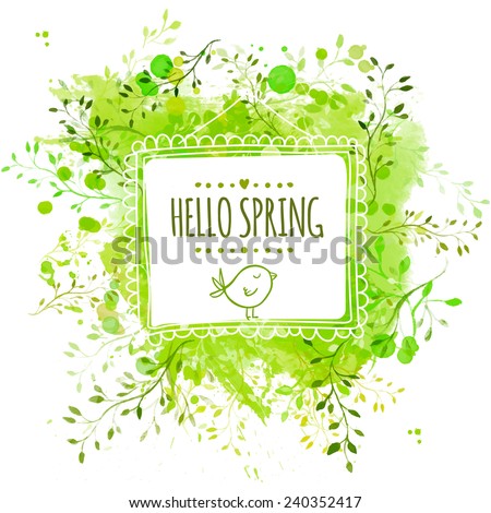 White hand drawn square frame with doodle bird and text hello spring. Green watercolor splash background with leaves. Artistic vector design for banners, greeting cards, spring sales.