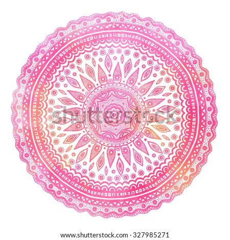 Pink watercolor mandala, indian motif. Ornate round ornament.