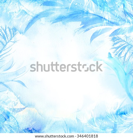 Winter watercolor background. Hand painted frozen frame with white copyspace. Frost texture