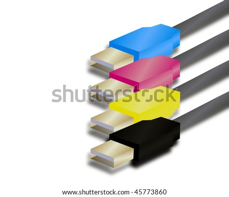 Illustration of USB connections in cyan magenta yellow and black