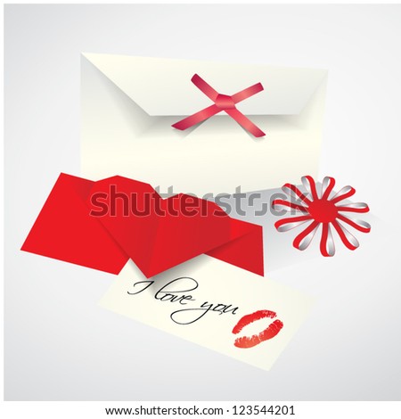 Vector romantic set - envelope, love letter with lips print on paper, flower made from paper stripes