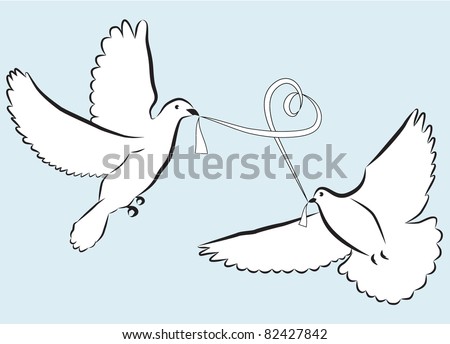 stock vector A pair of vector wedding doves with a ribbon in beak
