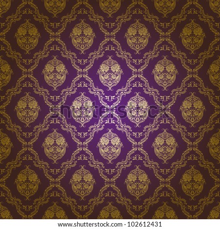 Damask seamless floral pattern. Gold flowers on a purple background. EPS 10