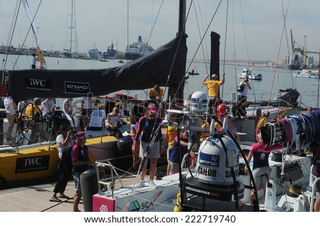 ALICANTE, SPAIN - 10th October 2.014: Volvo Ocean Race Village, Alicante, Spain. Volvo Ocean Race embarcations prepare to starting race and departure. Volvo Village Pier Alicante, 10th October 2.014.