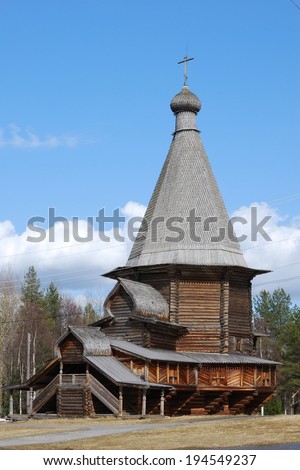 Bell tower. Malye Karely. Tourist village. Arkhangelsk. The Museum of wooden architecture.