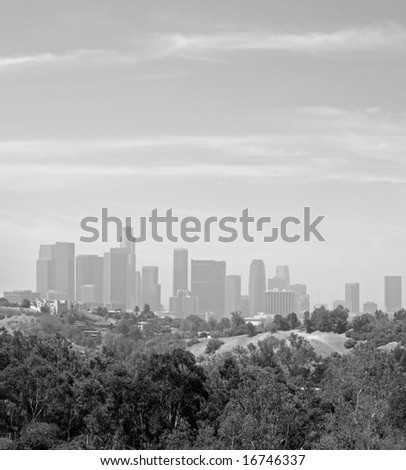Panoramic Stitch Black And White Of Los Angeles Downtown Air Pollution Skyline