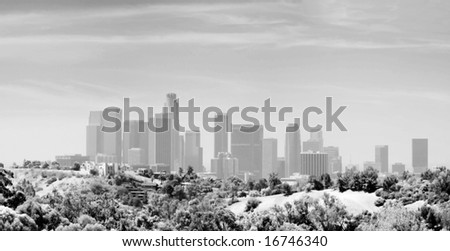 Panoramic Stitch Black And White Infrared Of Los Angeles Downtown Air Pollution Skyline
