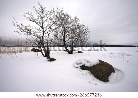 Winter landscape with rocks, lake and forest