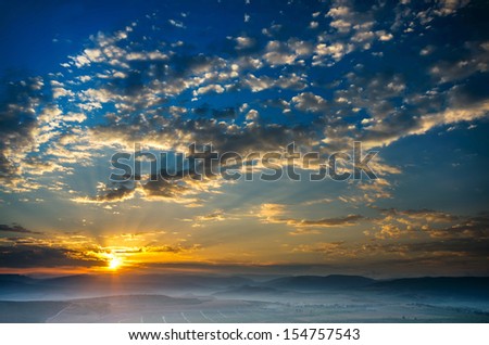 Early morning, the sun rises, the fog. natural landscape