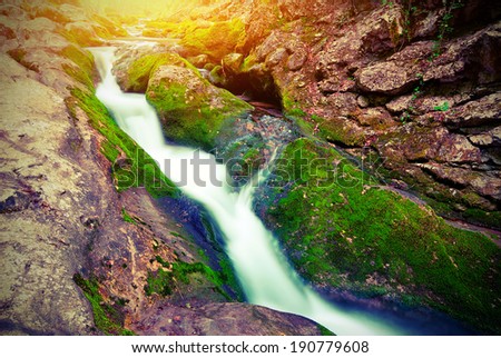 The picturesque mountain forest stream flowing between the rocks. Vintage style