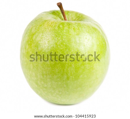 Isolated frontal shot of a fresh green apple with stem and drops of water on it.