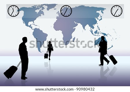 Silhouette of business professionals against a blue world map