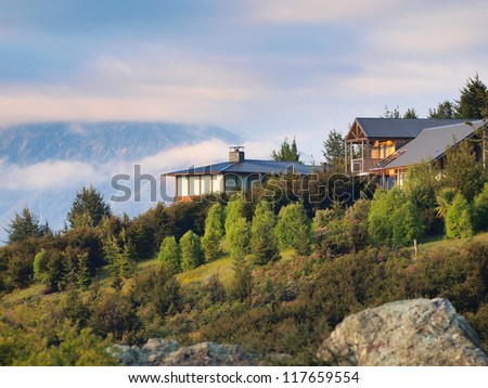 Houses in the hills on the New Zealand countryside