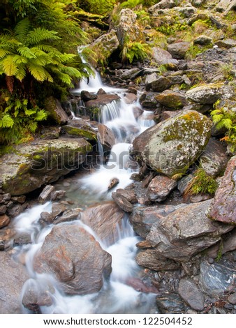 Long Exposure image of a Waterfall in Lush Temperate Rain forest on the West Coast of New Zealand